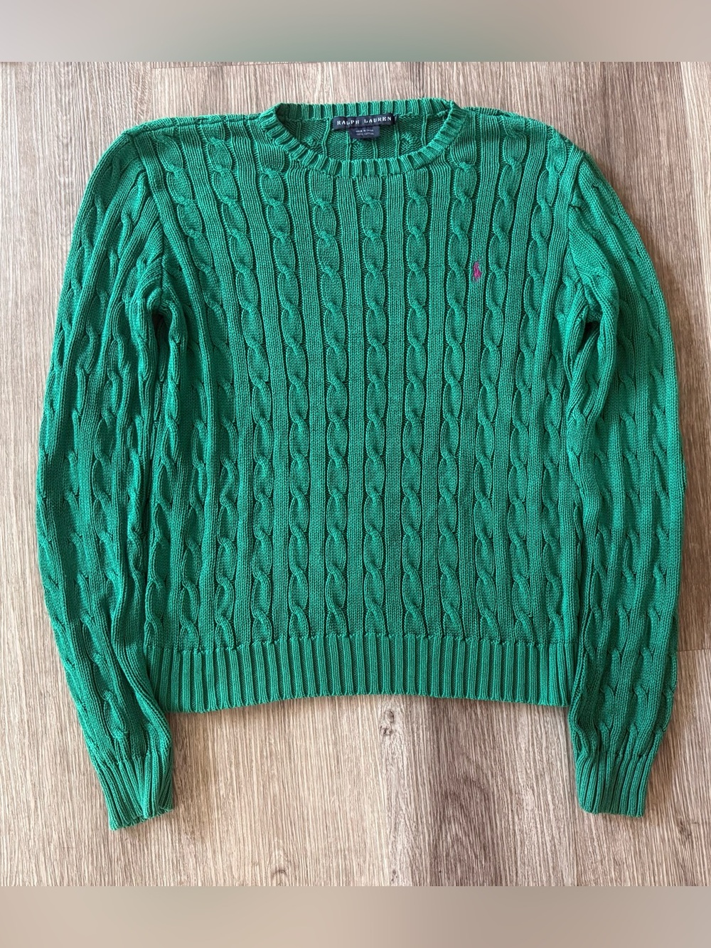 Ralph Lauren Women’s Green Cable Knit Cotton Sweater L Pink Pony